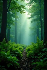 Obraz premium Misty ferns swaying in the foggy forest floor, tranquility,