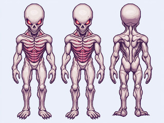 Obraz premium Pixel Art Creature Design - Front, Back, and Side Views