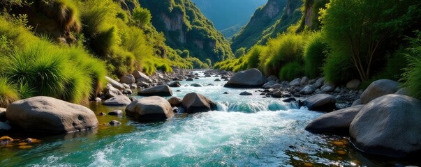 Fototapeta premium Small stream flowing into Barranco de Azuaje river, river, water, flow