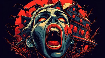 Eerie scene of a screaming woman with vampire fangs in front of a haunted house at night