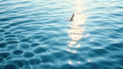Naklejka premium Ripples on the surface of crystal clear water caused by a bird flying overhead, natural beauty, sky reflection