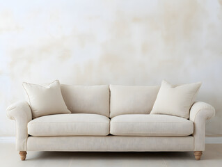 Fototapeta premium Cozy beige sofa with plush cushions against neutral wall, perfect for relaxation