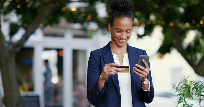 Business, woman and phone with credit card outdoor for online shopping, banking payment or ecommerce. Consumer, person and debit transaction on smartphone for fintech, mobile finance or app purchase
