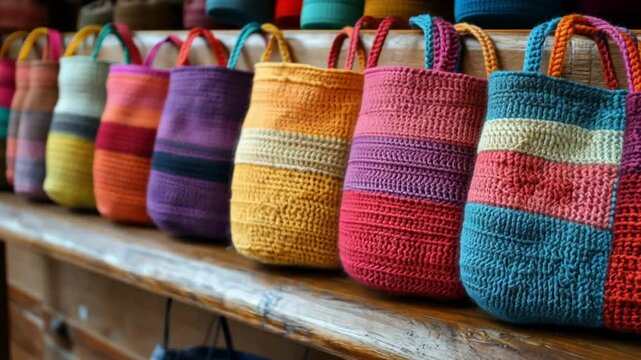 Vibrant Handcrafted Crochet Bags Displayed on Wooden Shelf