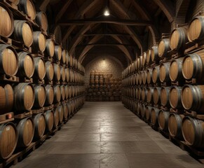 Rows of old wooden wine barrels in triangular formation in cellar, storage, wooden, barrels, triangular, wine