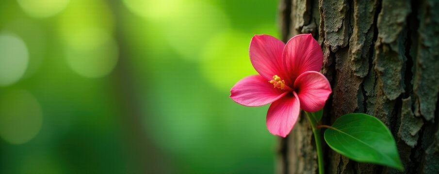 the delicate shape of a jambo flower contrasts with the rough bark of a tree, greenery, blossoms