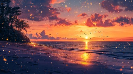 Serene Coastal Sunset with Glimmering Particles and Flying Birds Over Tranquil Ocean Waves Against a Vibrant Sky and Silhouette of Trees