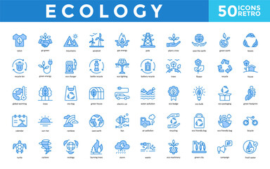 Ecology icon set with tshirt, go green, mountains, windmill, gas energy, pole, plant a tree, save the earth, green earth, leaves icon. Simple retro vector 
