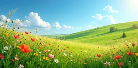 The meadow's wildflowers and grasses swaying gently in wind, sky blue, hillside, sunlight