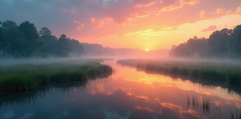 The misty dawn breaks over a tranquil wetland in a protected area, serenity, mist
