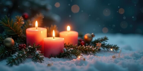 Three candles burning softly on fir branches with Christmas decorations, snowy backdrop, candlelight glow