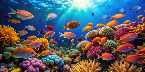 Fototapeta premium School of colorful fish swimming in the vibrant coral reef background, tropical fish, oceanic landscape