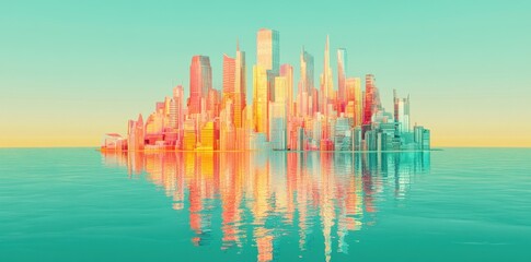 Fototapeta premium A Vibrant Cityscape Island Reflecting in Calm Waters