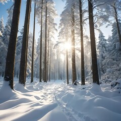 Naklejka premium Bosque denso en invierno, nieve espesa, luz solar, paz y magia.