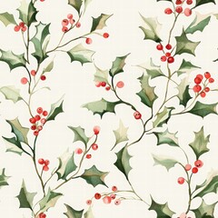 Elegant Holly Leaves and Berries Pattern on Light Background