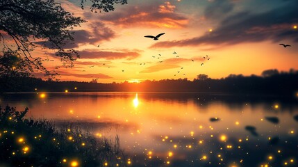 Serene Sunset Over Calm Water with Flying Birds and Glittering Lights in a Tranquil Natural Landscape at Dusk