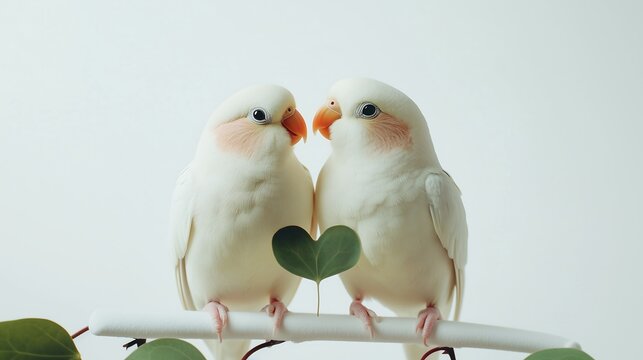 Two white lovey dovey budgie parakeet bird standing tree branch heart shape leaf kissing, cute romantic pet valentines day couple love white background