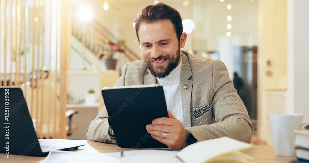 Aufkleber research, planning and man with tablet, happy and schedule for interview, recruiter and reading of e