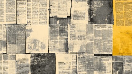 Naklejka premium Old grunge newspaper collage seamless pattern. Unreadable vintage newsprint texture. Gray yellow sepia color collage news paper textured background. Print for textile wallpaper wrapping.