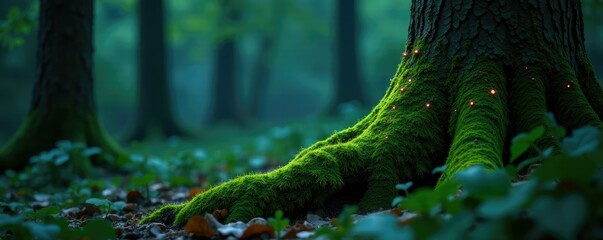 Dark green moss-covered tree trunks with faint luminescent rings, bioluminescent fungi, dark green foliage,