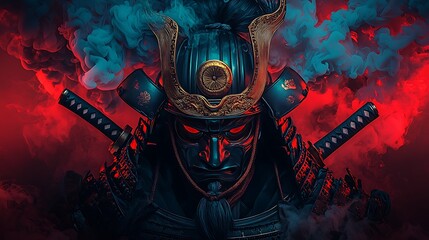 Fierce samurai warrior adorned in ornate armor, surrounded by vibrant smoke and dramatic lighting