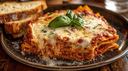 A rustic plate of baked ziti with marinara sauce, melted mozzarella cheese, and fresh basil