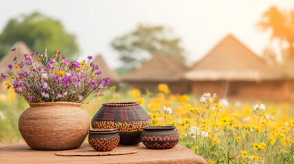 Vibrant purple flowers in a rustic pot, alongside intricately woven baskets, set against a field of yellow blossoms and traditional huts.