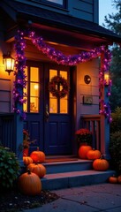 Naklejka premium Decorated porch with orange pumpkins and purple garlands at dusk, porch decoration, autumn decorations