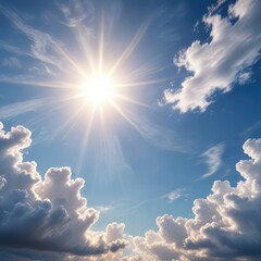 Softly glowing sun shining through white clouds against a brilliant blue sky, nature, blue