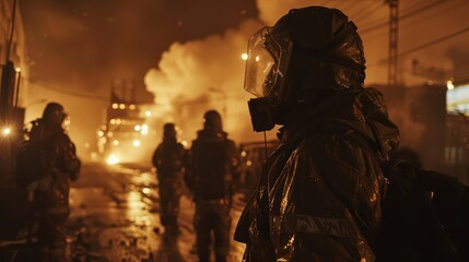 Fototapeta premium A steel mill at night with molten metal flowing, workers in protective gear overseeing the process under industrial lighting.