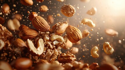 A dynamic shot of various nuts, including almonds, walnuts, hazelnuts, and cashews, falling through the air.
