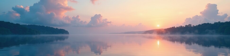 Fototapeta premium Gentle clouds drifting over a tranquil lake at dawn, clouds, water, dawn