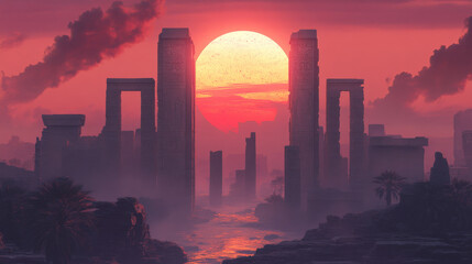 Ancient ruins stand silhouetted against a vibrant sunset, creating a mystical and serene scene.