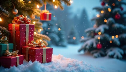 Gift boxes suspended from the ceiling amidst a winter wonderland scene, , festive atmosphere