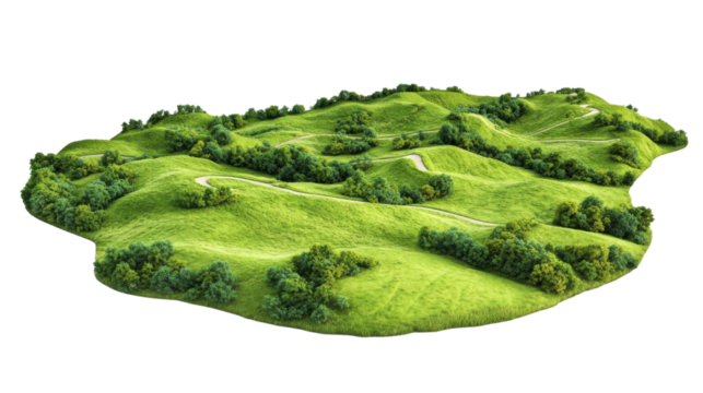 Green hills with winding roads crossing meadows and trees on transparent background - Powered by Adobe