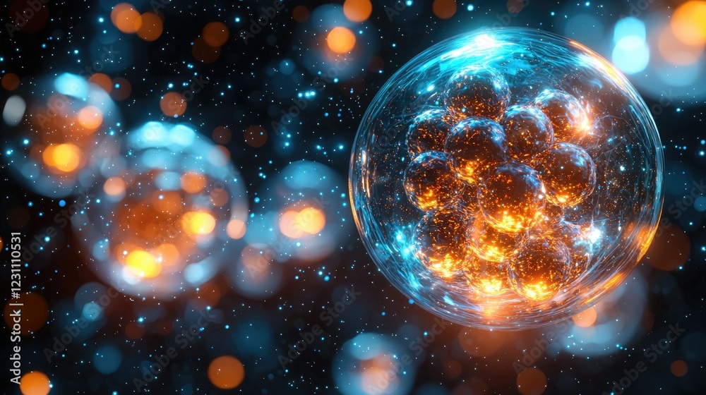 Poster Luminous Sphere Contains Glowing Cellular Structures
