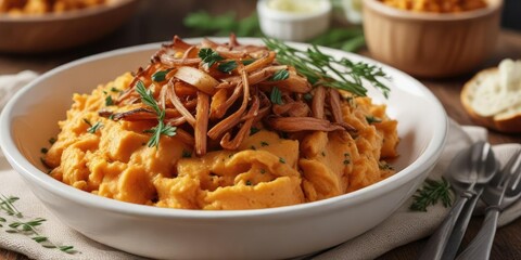 Spoonful of warm creamy mashed sweet potatoes topped with crispy fried onions and chopped fresh chives , aromatic, warm