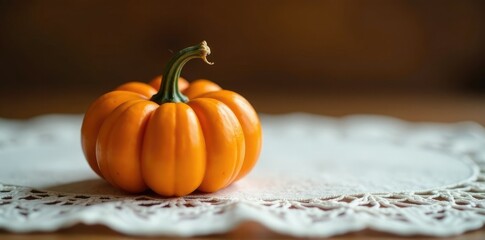 Miniature orange pumpkin on a lace tablecloth, gourd, mini pumpkin