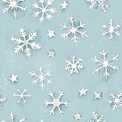 Winter Snowflakes and Stars Pattern on Light Blue Background