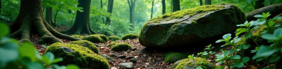 Mossy granite outcropping amidst dense green forest undergrowth, Tree Roots, Overgrown Terrain