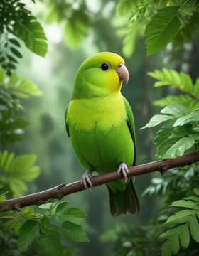 Perched Green Rumped Parrotlet on a leafy branch, parrotlet species, colorful plumage, small bird