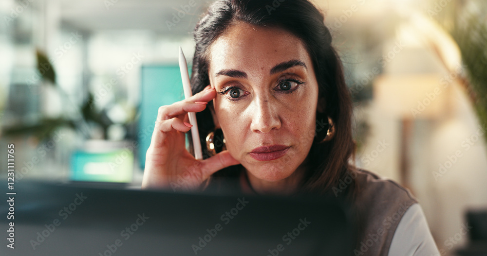 Poster business, thinking and woman with stress, laptop and mistake with deadline, thoughtful and solution.