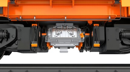 Detailed view of an industrial train's undercarriage showing mechanical components and wheels