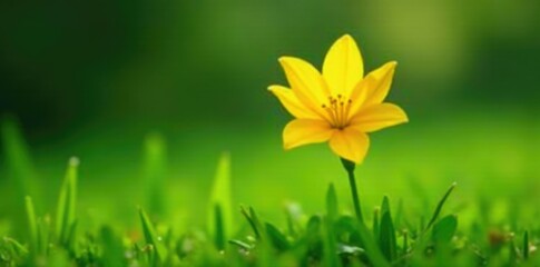 Obraz premium Single yellow lily flower isolated on green grass, solitary, leaf, flowers