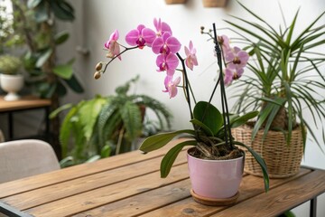 Pink orchid on a wooden table with other plants, florist arrangement, nature photograph, tropical pink orchid, decorative plant