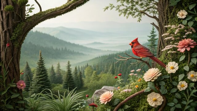 Quilled floral design featuring a red cardinal perched on a branch amidst a lush forest landscape, nature scenes, ornamental art, outdoor settings, bird species