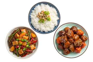 set of plates of food with meat and white rice