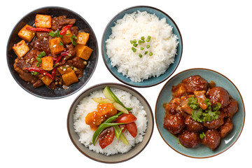 set of plates of food with meat and white rice