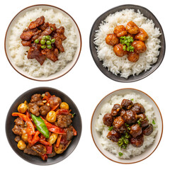 set of plates of food with meat and white rice