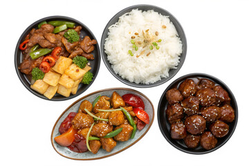 set of plates of food with meat and white rice